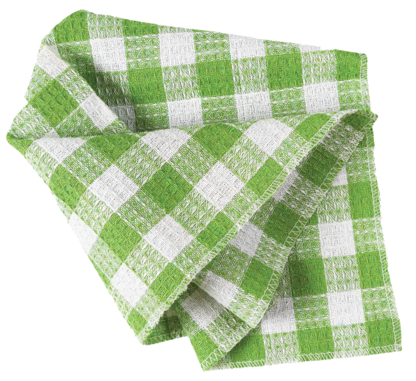 Folded up green checkered dish towel