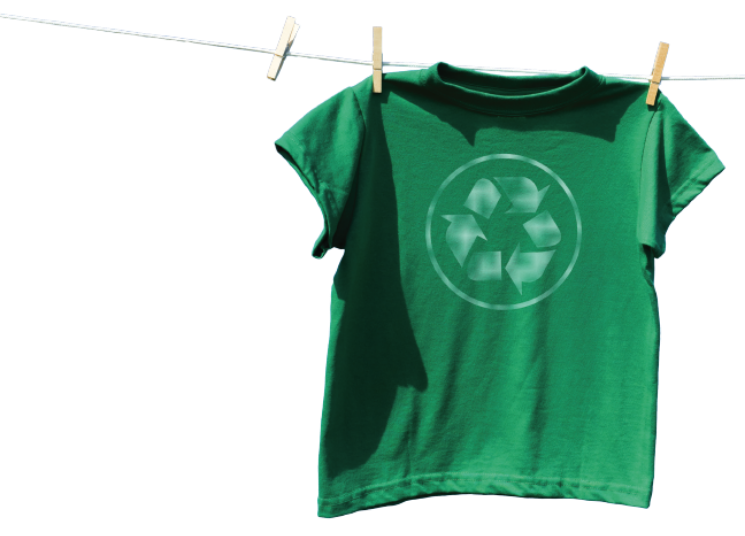 Green shirt with a recycle symbol hanging on a clothesline