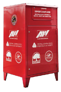 image of red medical sharps bin