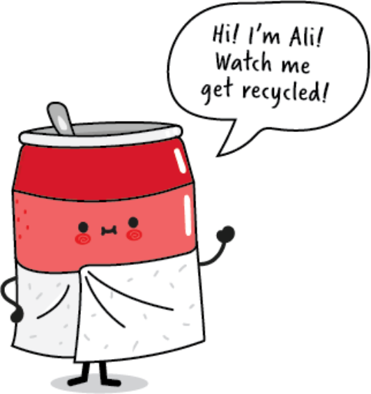 Red cartoon aluminum can named Ali is smiling and waving.