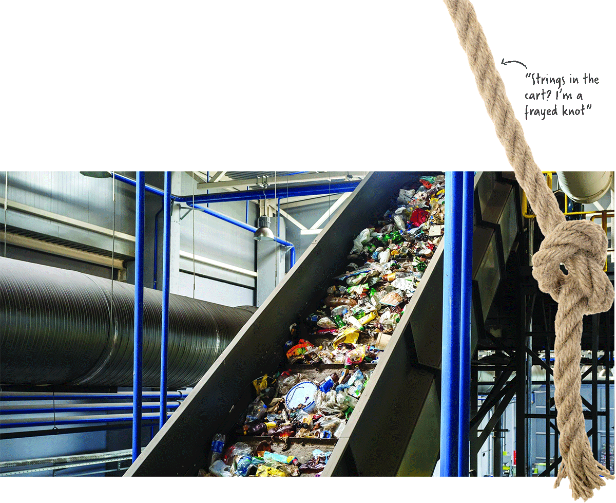 Recyclables move on a conveyor belt. Knotted piece of rope with a frayed end