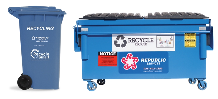 Blue recycling cart and bin with an arrow pointing to items that do get recycled: a cardboard box; balled up, non-metallic wrapping paper; balled up tissue paper; molded paper pulp; a red paper envelope; a plain cardstock card; brown paper packaging; non-metallic shredded paper