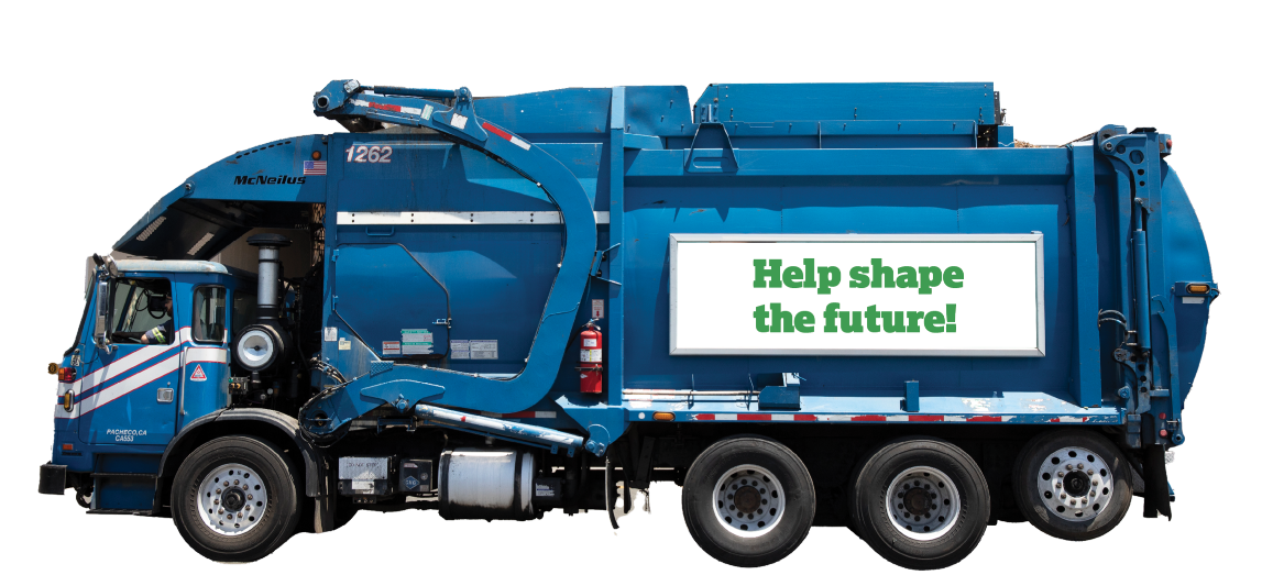 Blue Republic Services recycling truck with a “Help shape our future” banner copy in green text