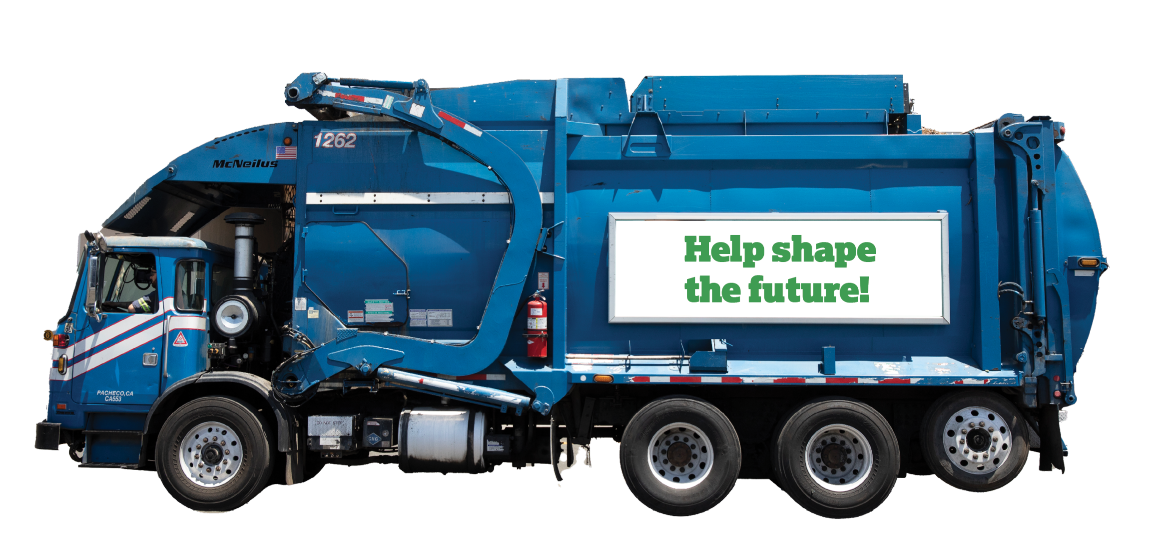 Blue Republic Services recycling truck with a “Help shape our future” banner copy in green text