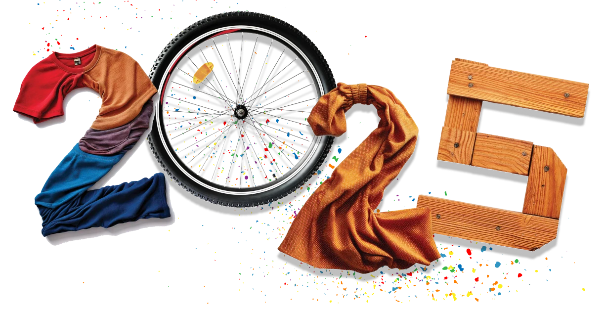 The number 2025 spelled out with reused materials: A 2 made out of shirts A bicycle wheel representing the number 0 A 2 made out of a cloth napkin A number 5 made of lumber pieces