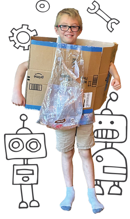 Jordan Knolle, from the cover family, smiles while wearing a cardboard box with a plastic collection bag in the front. He’s dressed as a trash-picking robot and stands amidst illustrations of other friendly robots
