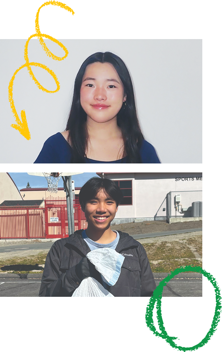 Hayley Takeshima smiles against a white backdrop Yaowei Li smiles while holding a white trash bag in front of his school