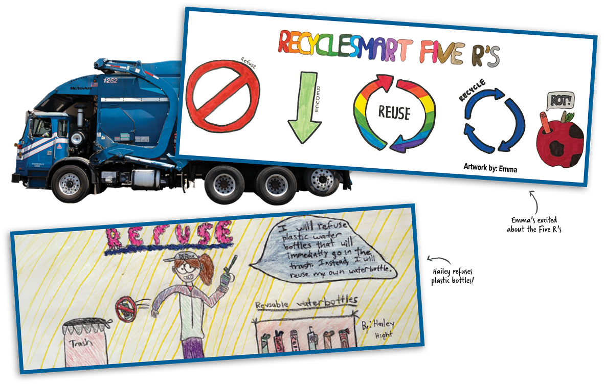 Emma Xia created this graphic for our truck sides: it shows a circle with a line through it, refuse; a down arrow, reduce; a rainbow of cycling arrows with “reuse” in the middle; the blue recycling arrows; and a rotten apple with a worm emerging, the worm has a speech bubble saying “ROT!” Another contest winner, Hailey Hight, created a poster with a person wearing a cap that says “refuse”, under pink bubble letters saying “REFUSE”. The person stands between a trash can and an array of reusable water bottles, and says “I will refuse plastic water bottles…instead I will reuse my own water bottle.”
