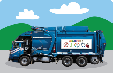 A recycling truck with kid’s artwork on the side.