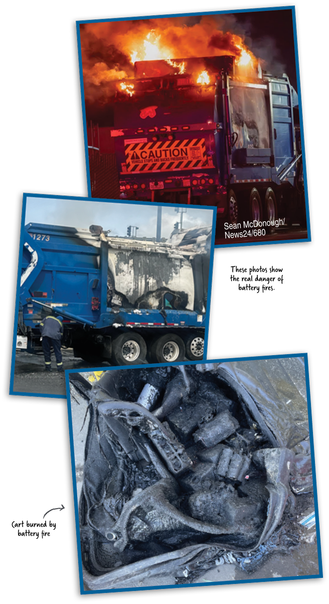 A recycling truck with flames leaping out of the top. A burned recycling truck. A black landfill cart twisted and melted into a lump.