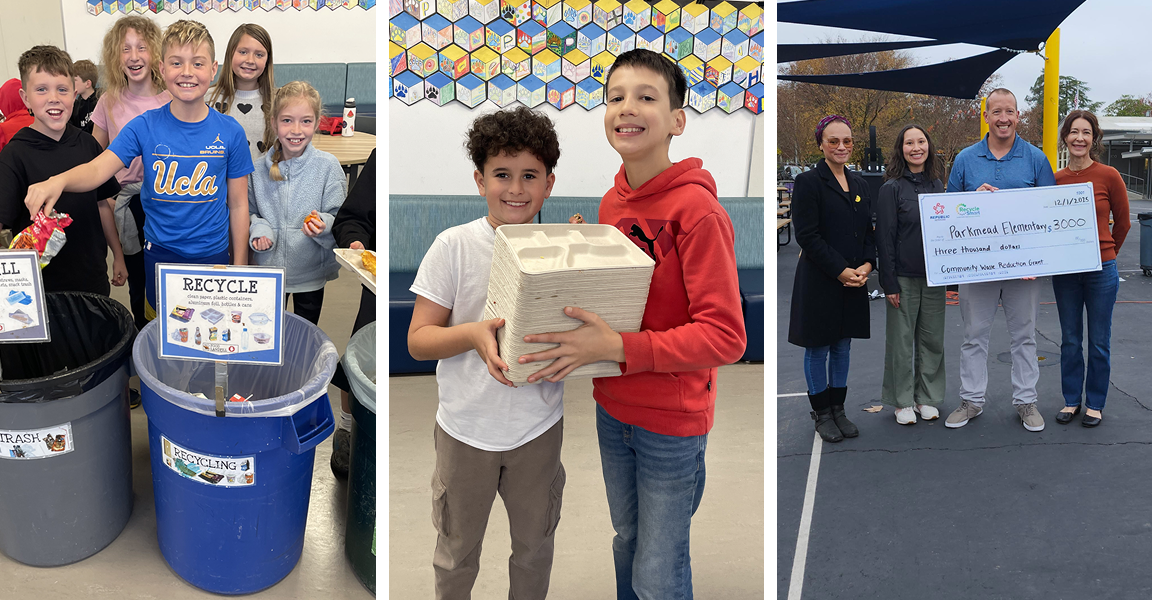 Scenes from Parkmead elementary school: A group of students smile by a sorting station, dropping a chip bag into a receptacle marked “landfill” Two students hold a stack of compostable lunch trays Staff and faculty accept a $3,000 check from RecycleSmart and Republic Services.