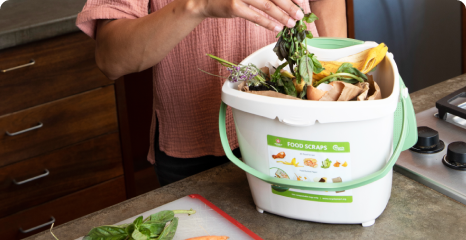 A person places wilted greens in a food scrap pail