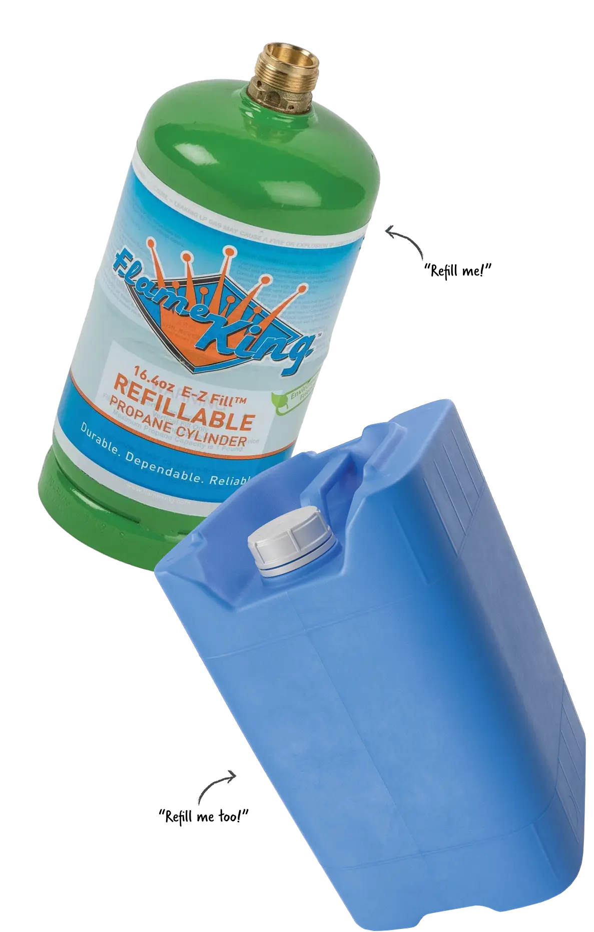 A Flame King-brand propane tank and large water jug are refillable campaign gear.